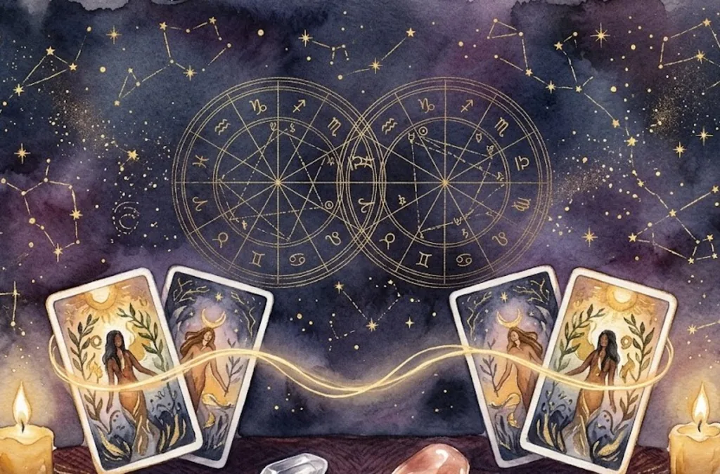 Dwa koła zodiaku połączone złotą nicią, obok karty tarota