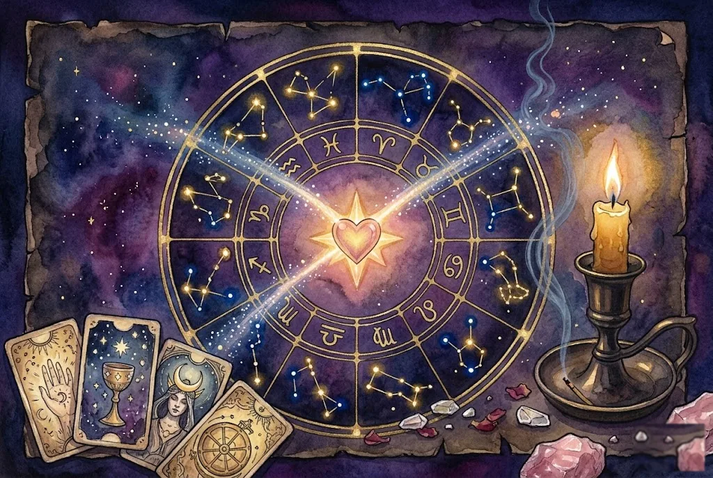 Koło zodiaku z sercem pośrodku, obok świeca i karty